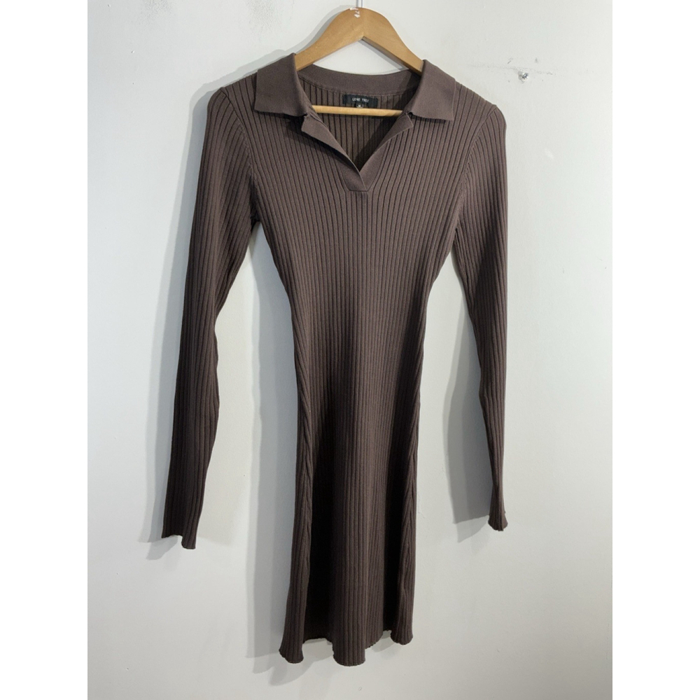 Womans Love Tree Pullover Bodycon Sweater Dress Medium Brown Long Sleeve Collar